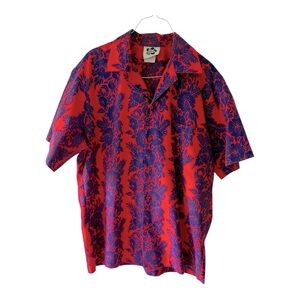 Vintage Hilo Hattie Hawaiian Camp Shirt Men’s Large L Red Blue Tropical Aloha
